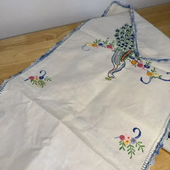VTG Embroidered White Dresser Scarf Table Peacock Bird Flowers 39x14 Set Of 4 - Picture 16 of 16